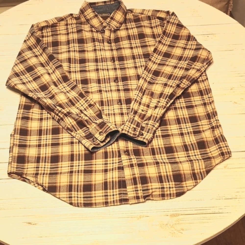 SCHMIDT WORKWEAR Men's Plaid Shirt in Brown ,Tan, Blue. Button Down.